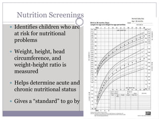 Nutrition Screenings
 Identifies children who are
 at risk for nutritional
 problems

 Weight, height, head
 circumference, and
 weight-height ratio is
 measured

 Helps determine acute and
 chronic nutritional status

 Gives a “standard” to go by
 