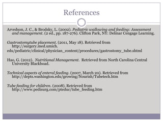 References

Arvedson, J. C., & Brodsky, L. (2002). Pediatric wallowing and feeding: Assessment
  and management. (2 ed., pp. 187-276). Clifton Park, NY: Delmar Cengage Learning.

Gastrostomytube placement. (2011, May 18). Retrieved from
  http://surgery.med.umich.
edu/pediatric/clinical/physician_content/procedures/gastrostomy_tube.shtml

Hao, G. (2012). Nutritional Management. Retrieved from North Carolina Central
  University Blackboad.

Technical aspects of enteral feeding. (2007, March 20). Retrieved from
  http://depts.washington.edu/growing/Nourish/Tubetech.htm

Tube feeding for children. (2008). Retrieved from
  http://www.pedisurg.com/pteduc/tube_feeding.htm
 