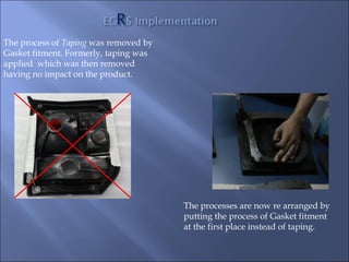 The process of Taping was removed by
Gasket fitment. Formerly, taping was
applied which was then removed
having no impact on the product.




                                       The processes are now re arranged by
                                       putting the process of Gasket fitment
                                       at the first place instead of taping.
 