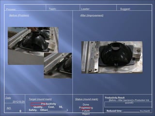 Process:                           Team:               Leader:                              Suggest:

  Before (Problem)                                    After (Improvement)




Date                                                                        Productivity Result
                   Target (round mark)            Status (round mark)          [Before – After (sec/pcs)] x Production Vol.
       2012-5-29                                                                                 (pcs/mth)
                             Productivity               Done
                       Quality,   Cost,   5S,        Progressing
NO.
            0      Safety, Other(_____________)        Future                Reduced time :                      hrs./month
                                                       Reject
 