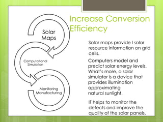 Increase Conversion
         Solar        Efficiency
         Maps
                          Solar maps provide l solar
                          resource information on grid
                          cells.
Computational             Computers model and
  Simulation
                          predict solar energy levels.
                          What’s more, a solar
                          simulator is a device that
                          provides illumination
       Monitoring         approximating
      Manufacturing       natural sunlight.
                          IT helps to monitor the
                          defects and improve the
                          quality of the solar panels.
 
