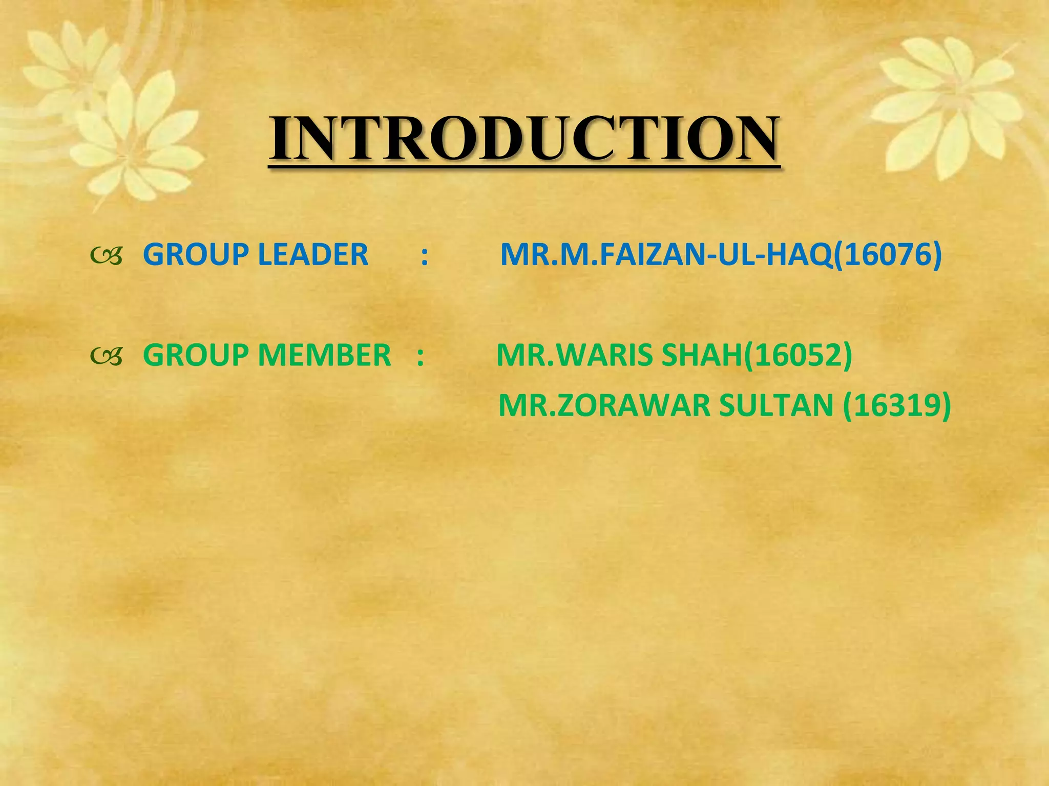 INTRODUCTION
 GROUP LEADER   :   MR.M.FAIZAN-UL-HAQ(16076)

 GROUP MEMBER :     MR.WARIS SHAH(16052)
                     MR.ZORAWAR SULTAN (16319)
 