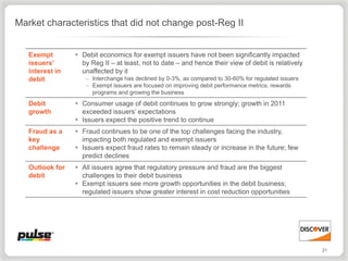 Market characteristics that did not change post-Reg II


   Exempt         Debit economics for exempt issuers have not been significantly impacted
   issuers’        by Reg II – at least, not to date – and hence their view of debit is relatively
   interest in     unaffected by it
   debit            – Interchange has declined by 0-3%, as compared to 30-60% for regulated issuers
                    – Exempt issuers are focused on improving debit performance metrics, rewards
                      programs and growing the business
   Debit          Consumer usage of debit continues to grow strongly; growth in 2011
   growth          exceeded issuers’ expectations
                  Issuers expect the positive trend to continue
   Fraud as a     Fraud continues to be one of the top challenges facing the industry,
   key             impacting both regulated and exempt issuers
   challenge      Issuers expect fraud rates to remain steady or increase in the future; few
                   predict declines
   Outlook for    All issuers agree that regulatory pressure and fraud are the biggest
   debit           challenges to their debit business
                  Exempt issuers see more growth opportunities in the debit business;
                   regulated issuers show greater interest in cost reduction opportunities




                                                                                                      21
 