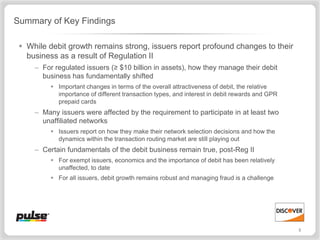 Summary of Key Findings

  While debit growth remains strong, issuers report profound changes to their
   business as a result of Regulation II
     – For regulated issuers (≥ $10 billion in assets), how they manage their debit
       business has fundamentally shifted
           Important changes in terms of the overall attractiveness of debit, the relative
            importance of different transaction types, and interest in debit rewards and GPR
            prepaid cards
     – Many issuers were affected by the requirement to participate in at least two
       unaffiliated networks
           Issuers report on how they make their network selection decisions and how the
            dynamics within the transaction routing market are still playing out
     – Certain fundamentals of the debit business remain true, post-Reg II
           For exempt issuers, economics and the importance of debit has been relatively
            unaffected, to date
           For all issuers, debit growth remains robust and managing fraud is a challenge




                                                                                               3
 