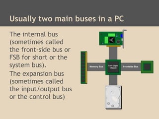 Usually two main buses in a PC
The internal bus
(sometimes called
the front-side bus or
FSB for short or the
system bus).
The expansion bus
(sometimes called
the input/output bus
or the control bus)
 