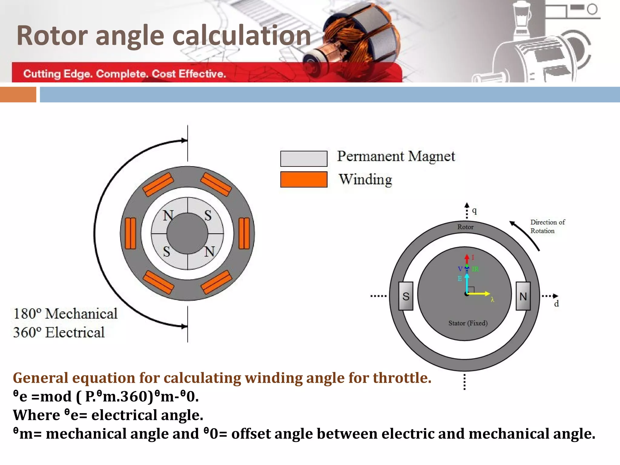 General equation for calculating winding angle for throttle.
e =mod ( P. m.360) m- 0.ᶿ ᶿ ᶿ ᶿ
Where e= electrical angle.ᶿ
m= mechanical angle and 0= offset angle between electric and mechanical angle.ᶿ ᶿ
Rotor angle calculation
 