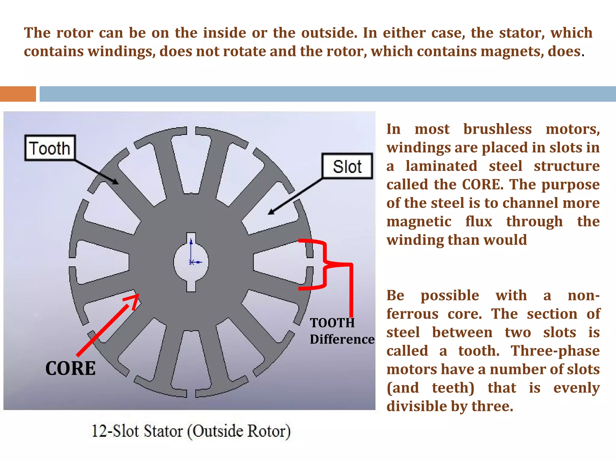 The rotor can be on the inside or the outside. In either case, the stator, which
contains windings, does not rotate and the rotor, which contains magnets, does.
In most brushless motors,
windings are placed in slots in
a laminated steel structure
called the CORE. The purpose
of the steel is to channel more
magnetic flux through the
winding than would
Be possible with a non-
ferrous core. The section of
steel between two slots is
called a tooth. Three-phase
motors have a number of slots
(and teeth) that is evenly
divisible by three.
CORE
TOOTH
Difference
 