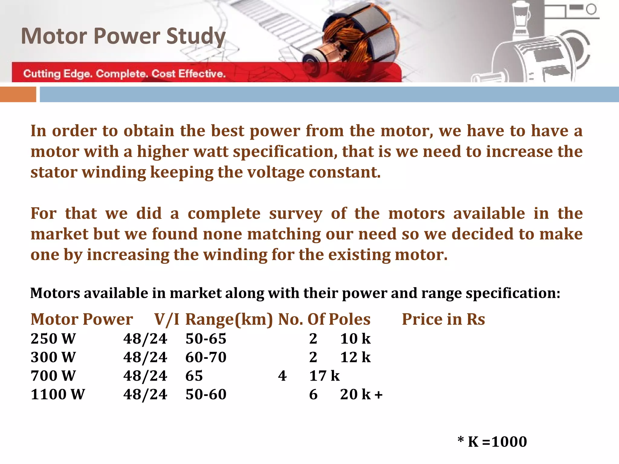 In order to obtain the best power from the motor, we have to have a
motor with a higher watt specification, that is we need to increase the
stator winding keeping the voltage constant.
For that we did a complete survey of the motors available in the
market but we found none matching our need so we decided to make
one by increasing the winding for the existing motor.
Motor Power V/I Range(km) No. Of Poles Price in Rs
250 W 48/24 50-65 2 10 k
300 W 48/24 60-70 2 12 k
700 W 48/24 65 4 17 k
1100 W 48/24 50-60 6 20 k +
Motors available in market along with their power and range specification:
Motor Power Study
* K =1000
 