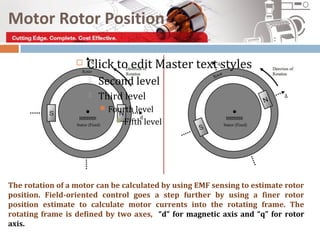 Motor Rotor Position

                     Click to edit Master text styles
                         Second level
                         Third level
                             Fourth level
                                 Fifth level




The rotation of a motor can be calculated by using EMF sensing to estimate rotor
position. Field-oriented control goes a step further by using a finer rotor
position estimate to calculate motor currents into the rotating frame. The
rotating frame is defined by two axes, “d” for magnetic axis and “q” for rotor
axis.
 