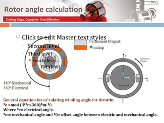 Rotor angle calculation


         Click to edit Master text styles
             Second level
             Third level
                 Fourth level
                     Fifth level




General equation for calculating winding angle for throttle.
ᶿe =mod ( P.ᶿm.360)ᶿm-ᶿ0.
Where ᶿe= electrical angle.
ᶿm= mechanical angle and ᶿ0= offset angle between electric and mechanical angle.
 