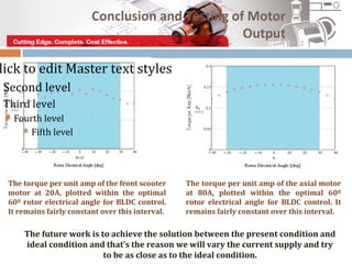 Conclusion and Testing of Motor
                                                  Output

lick to edit Master text styles
Second level
Third level
    Fourth level
        Fifth level




 The torque per unit amp of the front scooter     The torque per unit amp of the axial motor
 motor at 20A, plotted within the optimal         at 80A, plotted within the optimal 60º
 60º rotor electrical angle for BLDC control.     rotor electrical angle for BLDC control. It
 It remains fairly constant over this interval.   remains fairly constant over this interval.

       The future work is to achieve the solution between the present condition and
       ideal condition and that’s the reason we will vary the current supply and try
                           to be as close as to the ideal condition.
 