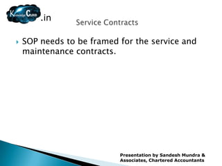 .in

   SOP needs to be framed for the service and
    maintenance contracts.




                           Presentation by Sandesh Mundra &
                           Associates, Chartered Accountants
 