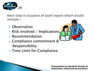 .in




   Observation
   Risk involved / Implications
   Recommendation
   Compliance commitment &
    Responsibility
   Time Limit for Compliance



                           Presentation by Sandesh Mundra &
                           Associates, Chartered Accountants
 