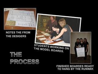 NOTES THE FROM  THE DESIGERS FINISHED BOARDES READY TO HANG BY THE RUNWAY. 