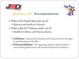 Chemistry 101:  Recommendations What is the Printed Ink made up of? Pigments and Synthetic Polymers  What is this D12 Solution made out of? Modified Cellulose and Polyoxyethylene Cellulose:  enhances the detachment of the ink particle from the paper by partial hydrolysis of the fiber Polyoxyethylene:  The supporting copolymer polyoxyethylene causes foaming which removes the detached ink particles by flotation.  