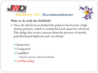 Chemistry 101:  Recommendations What to do with the SLUDGE? Once the ink has been deinked the polymer has become a high density polymer, which is crosshatched and cannot be reformed.  This sludge also creates concern about the presence of metals, polychlorinated biphenyls and even dioxin Incinerator Composted Landfilled Used in concrete and Gravel Roads LandSpreading 