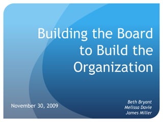 Building the Board to Build the Organization Beth Bryant Melissa DavieJames Miller November 30, 2009 