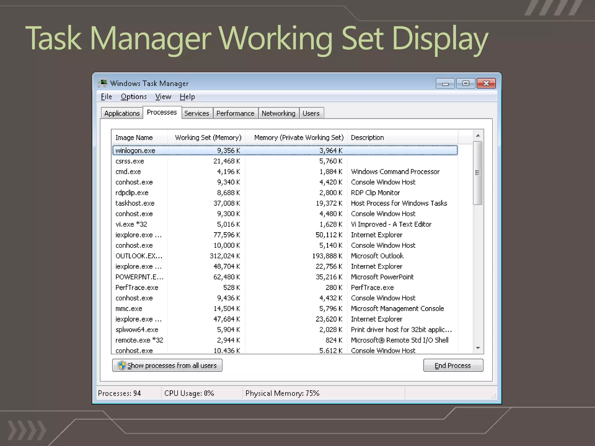 Task Manager Working Set Display
 