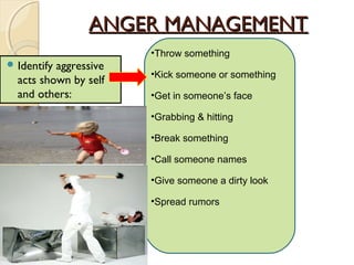 ANGER MANAGEMENT
                       •Throw something
 Identifyaggressive
                       •Kick someone or something
  acts shown by self
  and others:          •Get in someone’s face

                       •Grabbing & hitting

                       •Break something

                       •Call someone names

                       •Give someone a dirty look

                       •Spread rumors
 