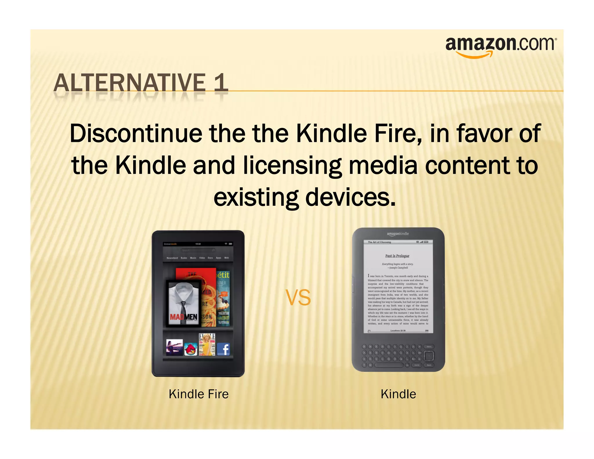 Discontinue the the Kindle Fire, in favor of
the Kindle and licensing media content to
             existing devices.


                       VS


         Kindle Fire         Kindle
 
