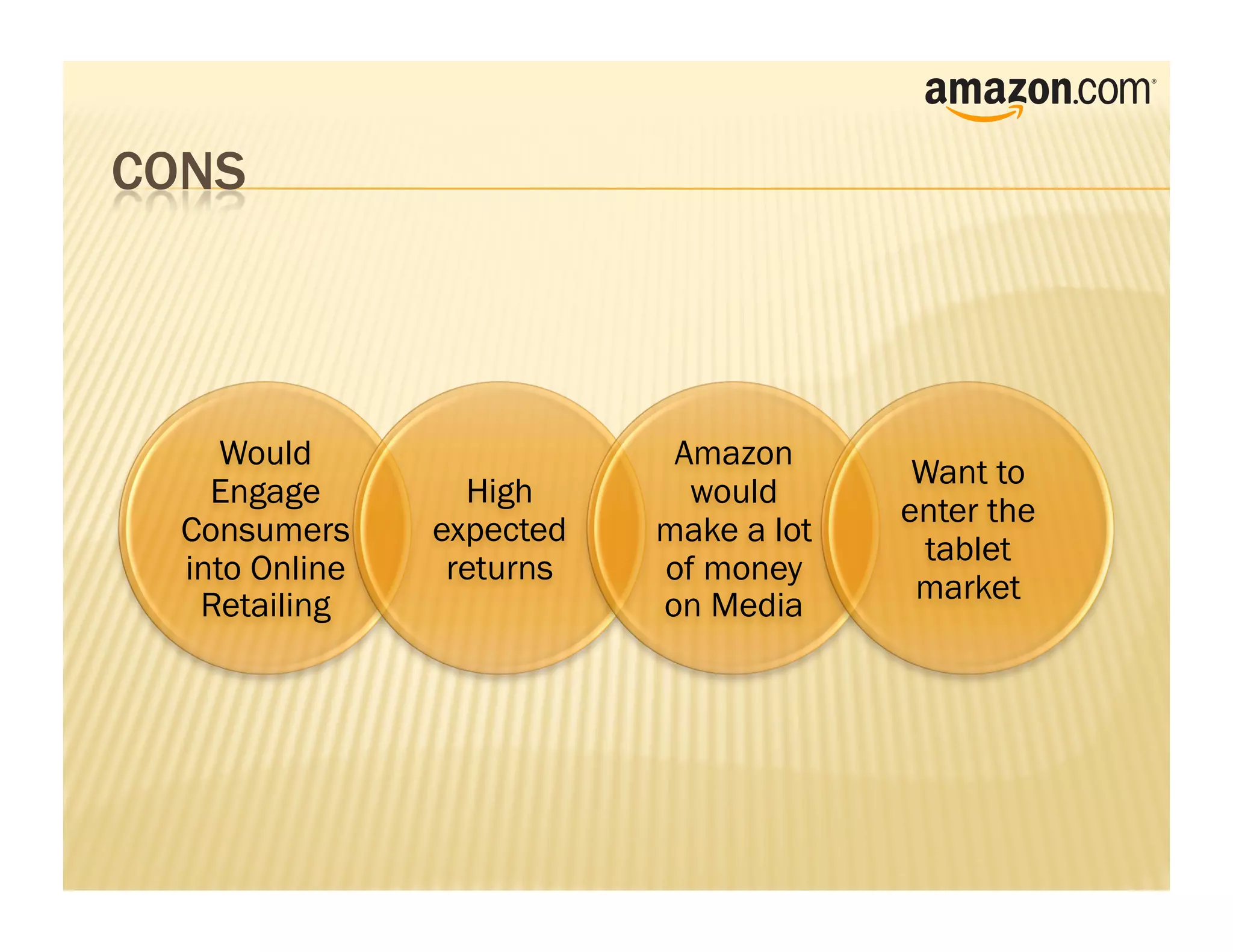 Would                  Amazon
                                       Want to
  Engage        High       would
                                      enter the
Consumers     expected   make a lot
                                        tablet
into Online    returns   of money
                                       market
 Retailing               on Media
 