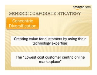 Concentric
Diversification

  Creating value for customers by using their
             technology expertise


   The “Lowest cost customer centric online
                marketplace”
 