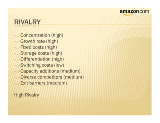!    Concentration (high)
!     Growth rate (high)
!      Fixed costs (high)
!       Storage costs (high)
!        Differentiation (high)
!         Switching costs (low)
!          Capacity additions (medium)
!           Diverse competitors (medium)
!            Exit barriers (medium)


High Rivalry
 