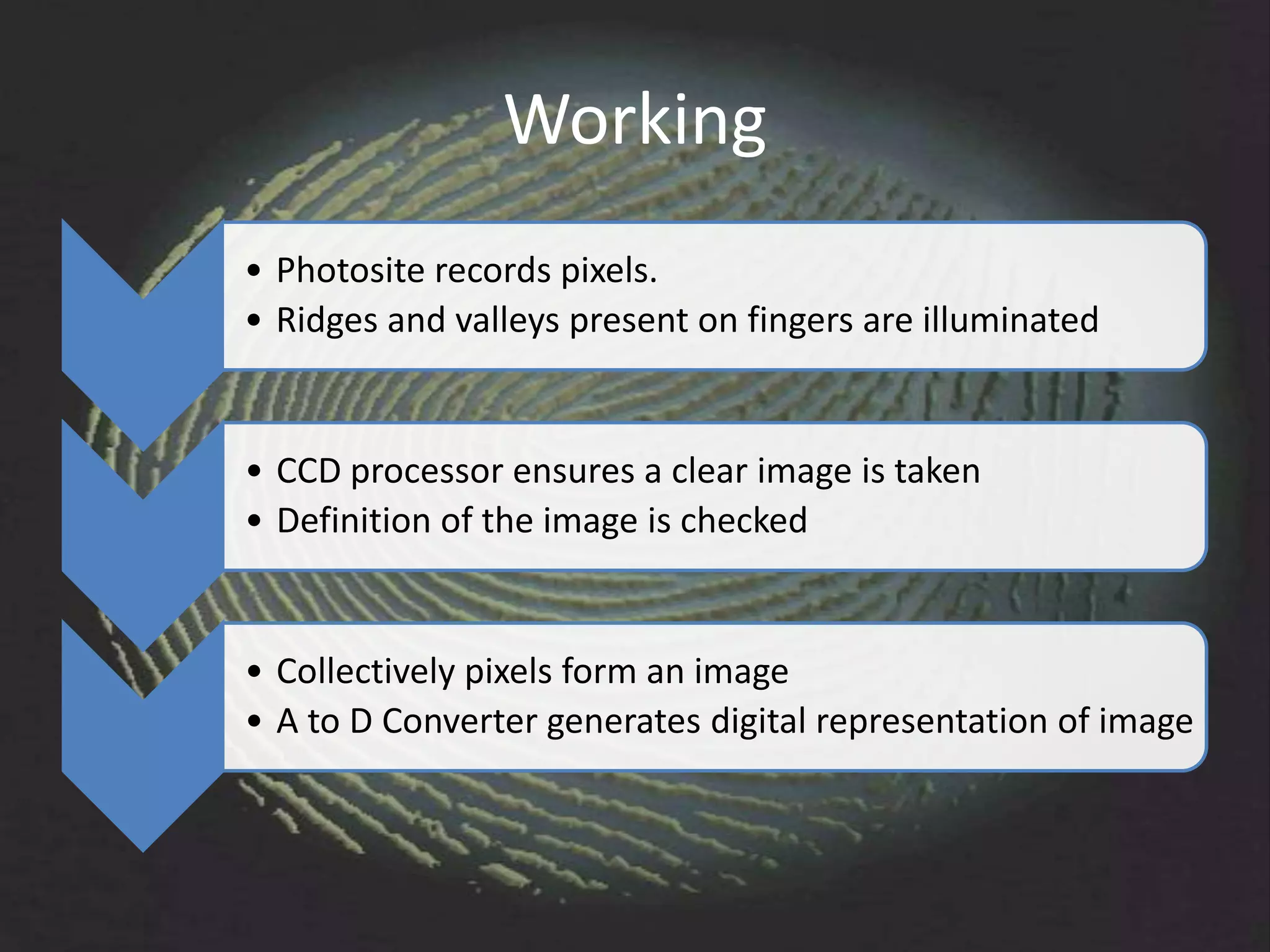 Working
• Photosite records pixels.
• Ridges and valleys present on fingers are illuminated


• CCD processor ensures a clear image is taken
• Definition of the image is checked


• Collectively pixels form an image
• A to D Converter generates digital representation of image
 