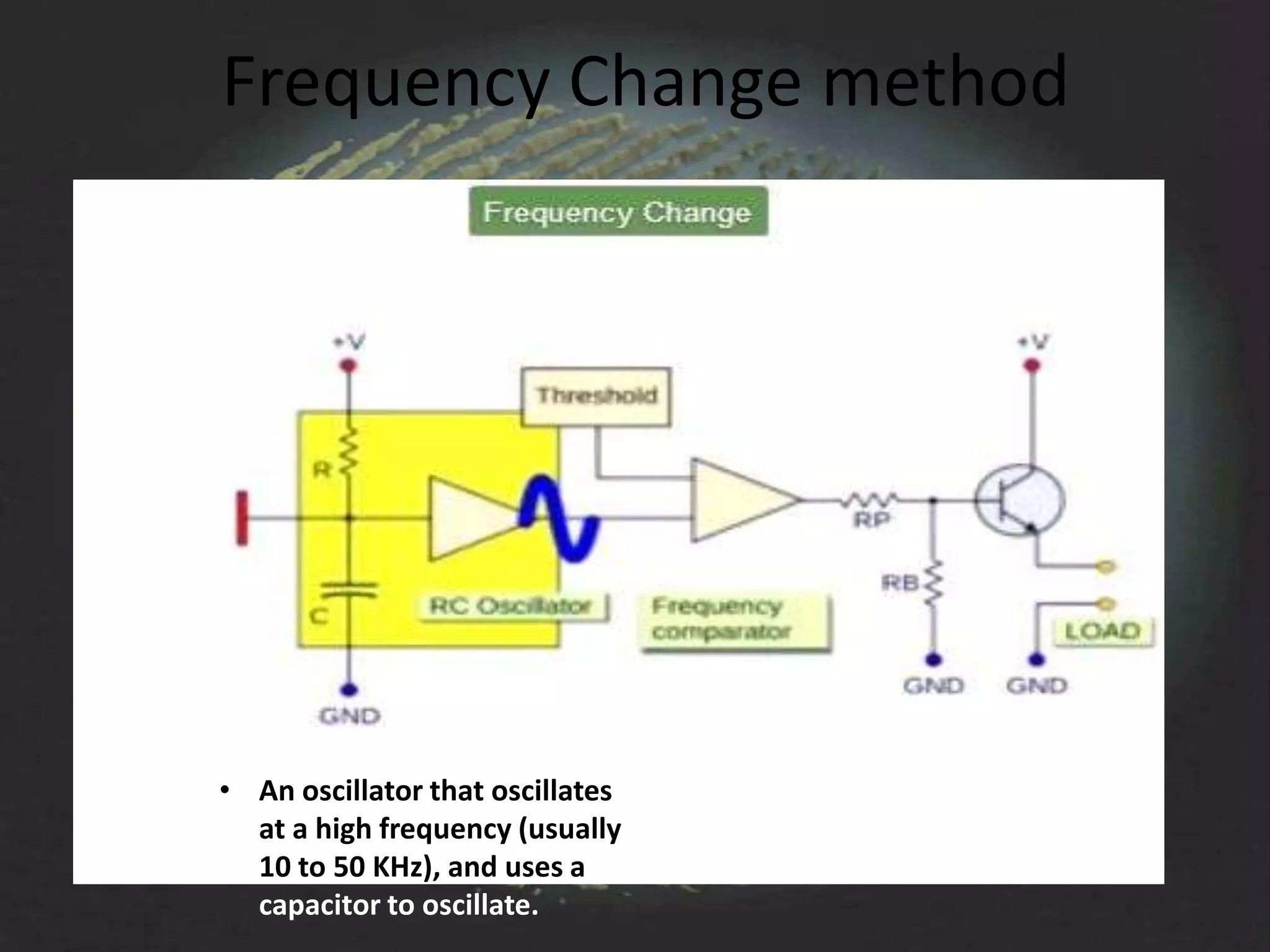 Frequency Change method




• An oscillator that oscillates
  at a high frequency (usually
  10 to 50 KHz), and uses a
  capacitor to oscillate.
 