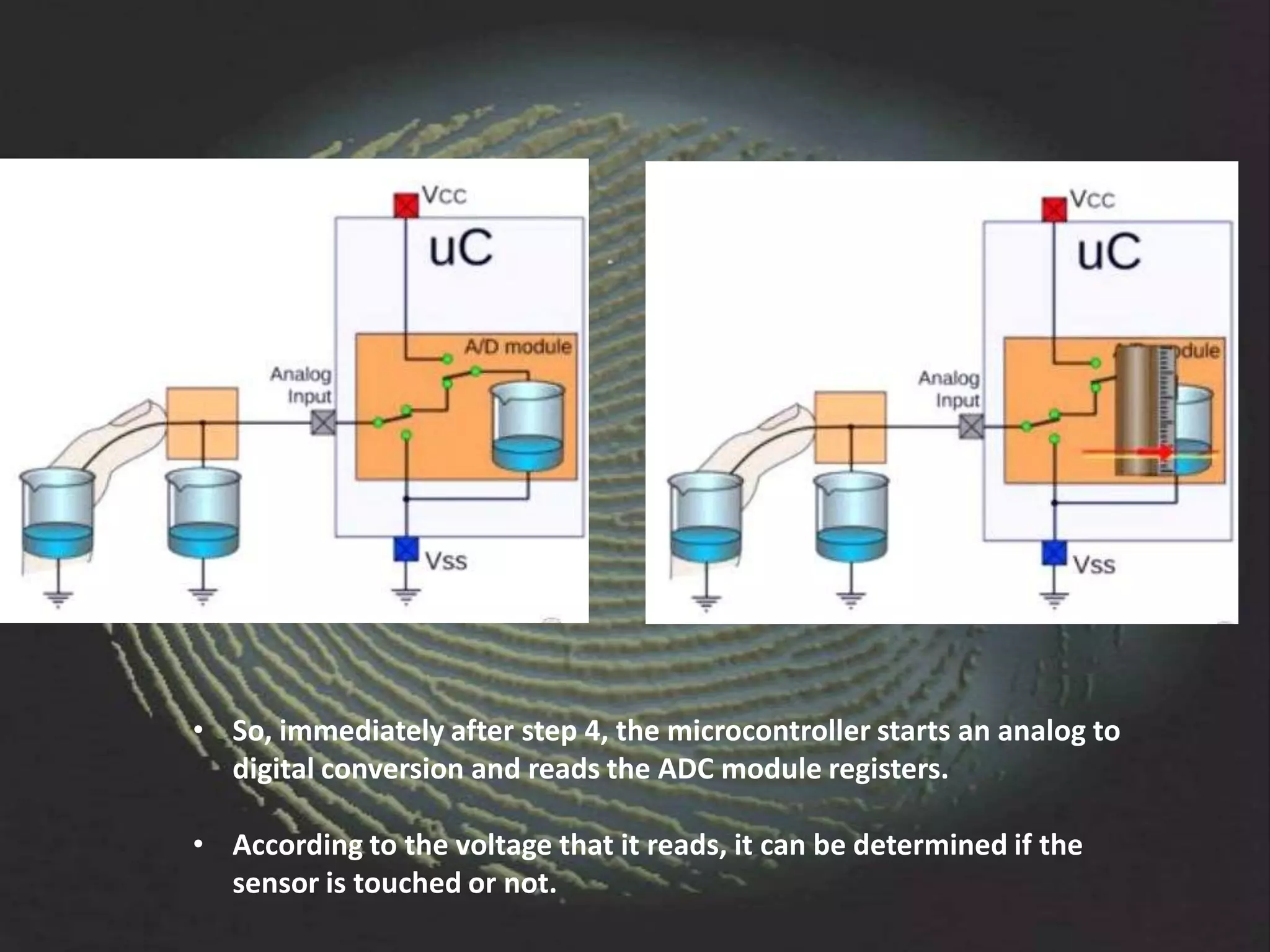 • So, immediately after step 4, the microcontroller starts an analog to
  digital conversion and reads the ADC module registers.

• According to the voltage that it reads, it can be determined if the
  sensor is touched or not.
 
