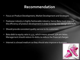 Recommendation

• Focus on Product Development, Market Development and Strategies

• Footwear industry is highly fashionable industry; hence Bata must improve
  the efficiency of product development in order to bring new design and style.

• Should provide consistent quality service to its customers

• Bata debt to equity ratio is 3.51, which means almost 75% are debts.
  Management should reduce its debts to reduce the financial charges

• Internet is a broad medium so they should also improve e-business
 