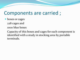 Components are carried ;
 boxes or cages
 228 cages and
 1000 blue boxes
 Capacity of this boxes and cages for each component is
 identified with a study in stocking area by portable
 terminals.
 
