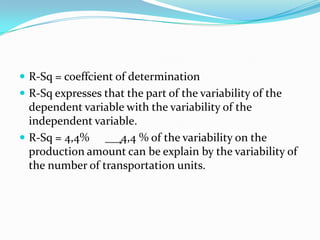  R-Sq = coeffcient of determination
 R-Sq expresses that the part of the variability of the
  dependent variable with the variability of the
  independent variable.
 R-Sq = 4,4%       4,4 % of the variability on the
  production amount can be explain by the variability of
  the number of transportation units.
 