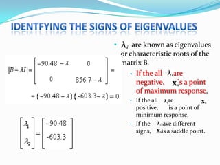 •       are known as eigenvalues
    or characteristic roots of the
    matrix B.
       • If the all   are
         negative,     is a point
         of maximum response,
       •   If the all are
           positive,     is a point of
           minimum response,
       •   If the have different
           signs,    is a saddle point.
 