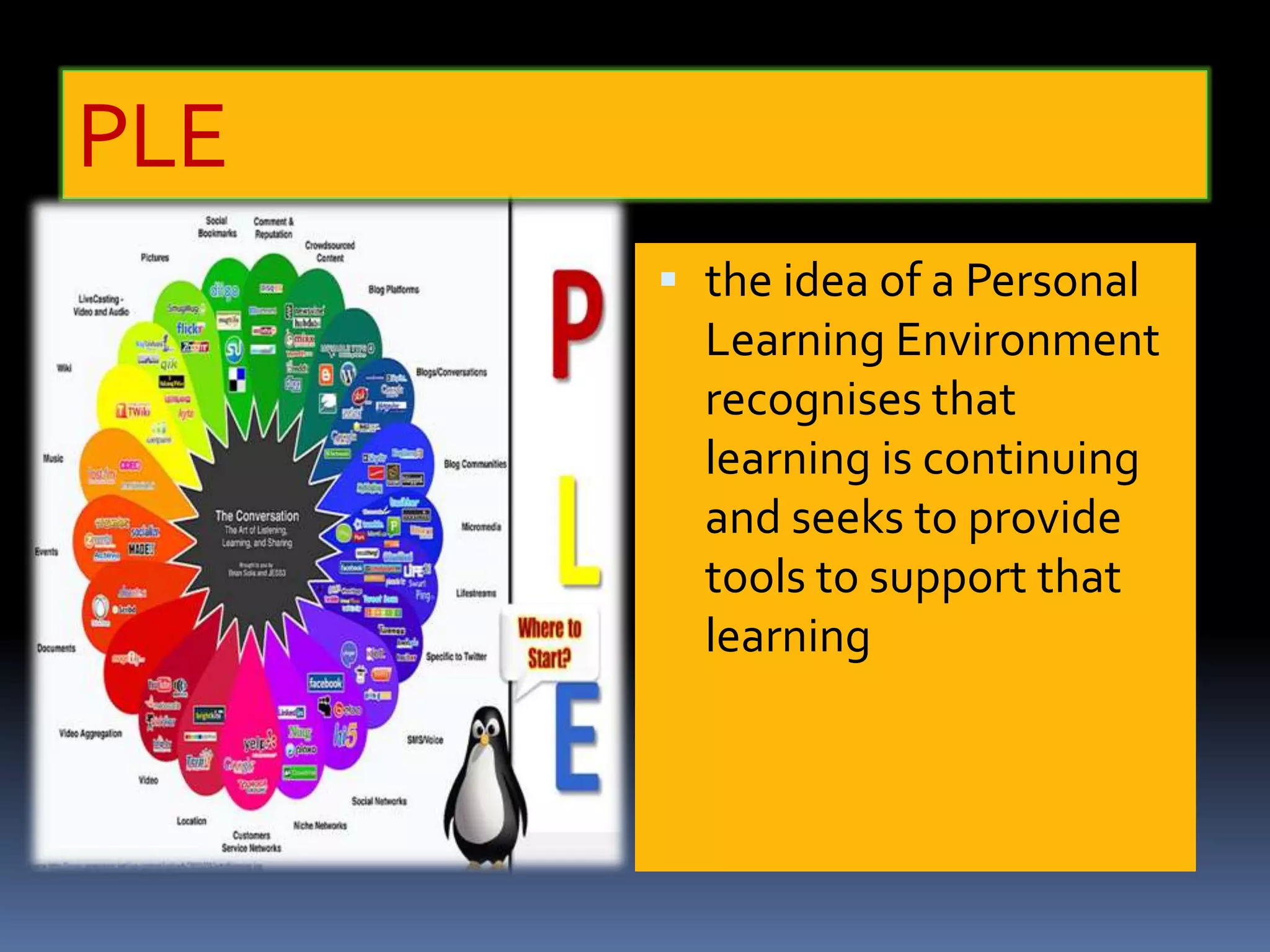 PLE
 the idea of a Personal
Learning Environment
recognises that
learning is continuing
and seeks to provide
tools to support that
learning
 