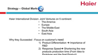 Haier International Division: Joint Ventures on 5 continent
• The America
• Europe
• The Middle-East
• South Asia
• East Asia
Why they Succeeded : Focus on customer's need
1) Product Differentiation ➔ Importance of
R&D
2) Response Speed➔ Shortening the new
products production time (From Idea to
Strategy – Global Market
 