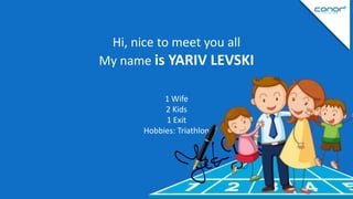 Hi, nice to meet you all
My name is YARIV LEVSKI
1
YarivWife
Levski
2 Kids
1 Exit
Current status@ Israeli startup scene
Hobbies: Triathlon

 
