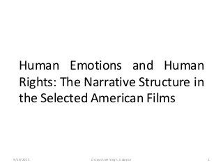 Human Emotions and Human
Rights: The Narrative Structure in
the Selected American Films

9/19/2013

Dr.Jayshree Singh, Udaipur

1

 