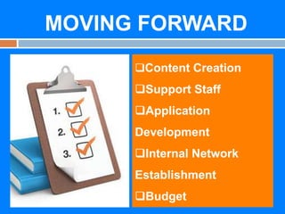 MOVING FORWARD
Content Creation

Support Staff
Application
Development
Internal Network
Establishment
Budget

 