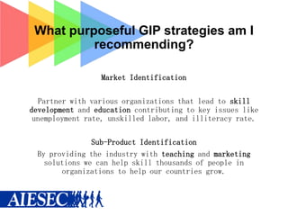 What purposeful GIP strategies am I
recommending?
Market Identification
Partner with various organizations that lead to skill
development and education contributing to key issues like
unemployment rate, unskilled labor, and illiteracy rate.
Sub-Product Identification
By providing the industry with teaching and marketing
solutions we can help skill thousands of people in
organizations to help our countries grow.

 