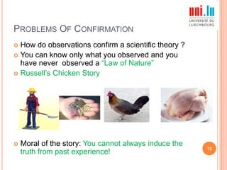 PROBLEMS OF CONFIRMATION
How do observations confirm a scientific theory ?
 You can know only what you observed and you
have never observed a “Law of Nature”
 Russell‟s Chicken Story




Moral of the story: You cannot always induce the
truth from past experience!

13

 