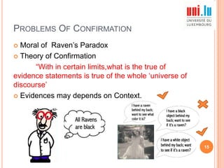 PROBLEMS OF CONFIRMATION
Moral of Raven‟s Paradox
 Theory of Confirmation
“With in certain limits,what is the true of
evidence statements is true of the whole „universe of
discourse‟
 Evidences may depends on Context.


15

 