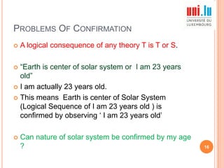 PROBLEMS OF CONFIRMATION


A logical consequence of any theory T is T or S.

“Earth is center of solar system or I am 23 years
old”
 I am actually 23 years old.
 This means Earth is center of Solar System
(Logical Sequence of I am 23 years old ) is
confirmed by observing „ I am 23 years old‟




Can nature of solar system be confirmed by my age
?

16

 
