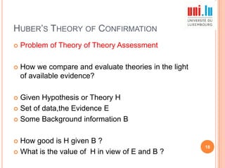 HUBER‟S THEORY OF CONFIRMATION


Problem of Theory of Theory Assessment



How we compare and evaluate theories in the light
of available evidence?

Given Hypothesis or Theory H
 Set of data,the Evidence E
 Some Background information B


How good is H given B ?
 What is the value of H in view of E and B ?


18

 