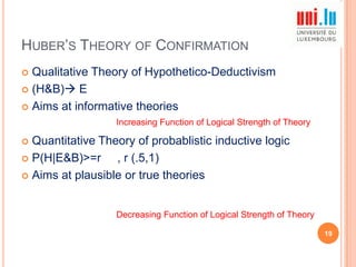 HUBER‟S THEORY OF CONFIRMATION
Qualitative Theory of Hypothetico-Deductivism
 (H&B) E
 Aims at informative theories


Increasing Function of Logical Strength of Theory

Quantitative Theory of probablistic inductive logic
 P(H|E&B)>=r
, r (.5,1)
 Aims at plausible or true theories


Decreasing Function of Logical Strength of Theory
19

 