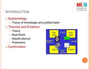 INTRODUCTION


Epistemology




Theory of Knowledge and justified belief

Theories and Evidence
Theory
 Real World
 Data(Evidence)
 Predictions




Confirmation

5

 