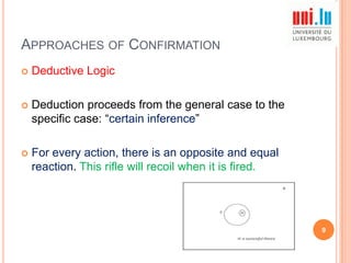 APPROACHES OF CONFIRMATION


Deductive Logic



Deduction proceeds from the general case to the
specific case: “certain inference”



For every action, there is an opposite and equal
reaction. This rifle will recoil when it is fired.

9

 