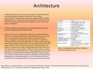 Architecture
•

In 2009, Christopher et al. came up with a paper in which they showed
the implementation of photonic interface for core to DRAM
communication. They proposed a local mesh to global switches (LMGS)
topology[10] They showed that ultimately, photonics enables almost an
order of magnitude improvement in throughput at similar latency and
power consumption

•

In 2013, S. Bartolini et al. proposed an all-optical photonic network for
low power applications (Fig.) called Olympic.

•

Similarly, Y. Demir et al. proposed an architecture named Galaxy[18] in
2013. This is a multi-chip architecture which builds a many-core “virtual
chip” by connecting multiple smaller chiplets through optical fibers.
Galaxy is designed to push back the power constraints, in addition to
overcoming the area and bandwidth limitations, while matching the high
performance of tightly-coupled chips. They successfully demonstrate that
Galaxy achieves 1.8-3.4x average speedup over competing single-chip
designs, and achieves 2.6x lower energy-delay product (6.8x maximum).
The careful design of optical paths in Galaxy minimize coupler crossings
and allows it to scale beyond 4K cores, showing significant promise as the
foundation of practical large-scale virtual chip designs. Finally, we show
that a scaled-out Galaxy attains significant speedup and energy efficiency
advantages over competing designs such as the Oracle Macrochip as it
achieves at least 2.5x speedup with 6x more power-efficient optical links

Figure: Configuration Architecture of Olympic:
low power all-photonic NoC

Figure Reference: Sandro Bartolin, Luca Lusnig and Enrico Martinelli, “Olympic: a Hierachical All-optic Photonic Network for Low-power Chip
Multiprocessors”, 16th, Euromicro Conference on Digital System Design, 2013

 