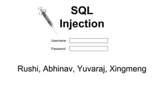 SQL
Injection
Username
Password

Rushi, Abhinav, Yuvaraj, Xingmeng

 