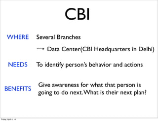 WHERE Several Branches
Data Center(CBI Headquarters in Delhi)
NEEDS To identify person’s behavior and actions
BENEFITS
Give awareness for what that person is
going to do next.What is their next plan?
CBI
Friday, April 4, 14
 